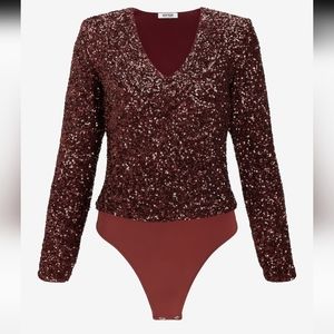 Bodysuit Long Sleeves Sequined V-neck, Small, Express, Wine color